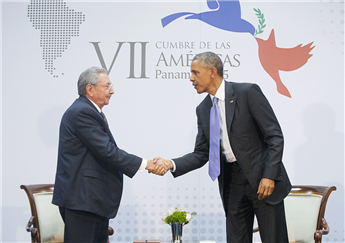 President Obama and Cuban President Raul Castro shake hands during their meeting at the Summit of the Americas in Panama City, Panama, on April 11,...
