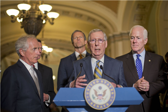 Senate Majority Leader Mitch McConnell and fellow Republican Senate leaders speak about the Iran nuclear deal Wednesday on Capitol Hill. AP